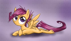 Size: 2208x1278 | Tagged: safe, artist:mine-recurring-dream, derpibooru import, scootaloo, pegasus, female, filly, orange coat, purple mane, solo