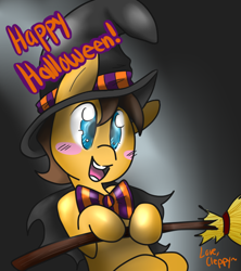 Size: 566x638 | Tagged: safe, artist:cleppyclep, derpibooru import, caramel, bow, broom, caramel is awesome, hat, witch