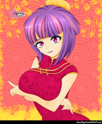 Size: 823x1000 | Tagged: safe, alternate version, artist:clouddg, sunny flare, equestria girls, big breasts, breasts, busty sunny flare, clothes, dress, female, human coloration, looking at you, signature, smiling, solo