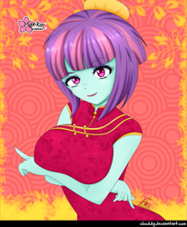 Size: 823x1000 | Tagged: safe, artist:clouddg, sunny flare, equestria girls, big breasts, breasts, busty sunny flare, clothes, crossed arms, dress, female, looking at you, signature, smiling, solo