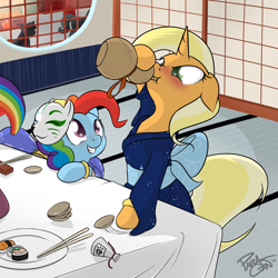 Size: 1500x1500 | Tagged: safe, artist:theparagon, derpibooru import, oc, oc only, oc:jackie, alcohol, bracelet, chugging, drinking, food, indoors, jewelry, magical lesbian spawn, mask, offspring, parent:applejack, parent:pinkie pie, parent:rainbow dash, parent:twilight sparkle, parents:pinkiedash, parents:twijack, rainbow hair, ryokan, sake, sushi, yukata