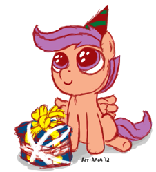 Size: 453x502 | Tagged: safe, artist:aa, derpibooru import, scootaloo, pegasus, pony, birthday, cute, cutie mark crusaders, filly, present