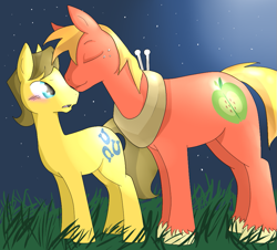 Size: 957x867 | Tagged: safe, artist:cleppyclep, derpibooru import, big macintosh, caramel, earth pony, pony, blushing, caramac, gay, male, night, shipping, stallion