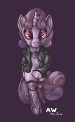 Size: 1172x1920 | Tagged: safe, artist:themessengerboy, derpibooru import, sweetie belle, pony, bipedal, clothes, ear piercing, eyeshadow, fishnet stockings, horn piercing, jacket, leather jacket, makeup, meanie belle, nose piercing, piercing, solo, stockings