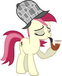 Size: 1600x1971 | Tagged: safe, artist:delectablecoffee, derpibooru import, roseluck, earth pony, pony, deerstalker, detective, eyes closed, female, hat, mare, pipe, simple background, smiling, solo, transparent background, vector