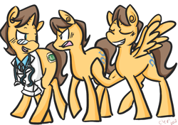 Size: 935x660 | Tagged: safe, artist:cleppyclep, derpibooru import, caramel, doctor horse, doctor stable, earth pony, pegasus, pony, unicorn, angry, caramel is awesome, duality, glasses, open mouth, similarities, smiling