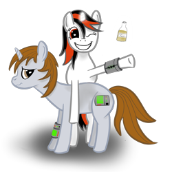 Size: 2000x2000 | Tagged: safe, artist:datanassi, oc, oc only, oc:blackjack, oc:littlepip, pony, unicorn, fallout equestria, fallout equestria: project horizons, bottle, fanfic, fanfic art, female, high res, magic, mare, one eye closed, pipbuck, wink