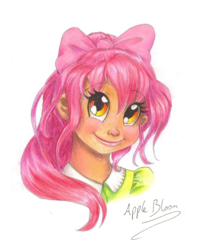 Size: 800x900 | Tagged: safe, artist:sarky-sparky, apple bloom, clothes, female, hair bow, humanized, red hair, solo