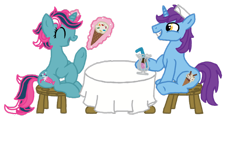 Size: 800x457 | Tagged: safe, artist:bb-k, artist:bb-kenobi, fizzy, oc, oc:chocolate bar, g1, canon x oc, eyes closed, female, g1 to g4, generation leap, ice cream, magic, male, milkshake, shipping, straight, table