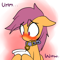 Size: 650x650 | Tagged: safe, artist:serendipity-kitty, scootaloo, blushing, lesboloo, reaction image, solo