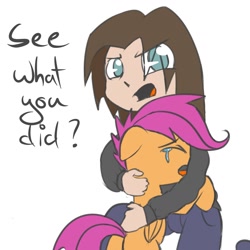 Size: 1280x1280 | Tagged: safe, artist:crade, scootaloo, human, pony, crying, hug, scootalove, woobie