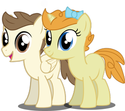 Size: 1024x915 | Tagged: safe, artist:macoron3, pound cake, pumpkin cake, pegasus, pony, unicorn, bow, brother and sister, colt, dead eyes, double rainboom puppet, duo, female, filly, hair bow, male, older, older pound cake, older pumpkin cake, siblings, simple background, transparent background