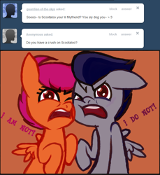 Size: 708x773 | Tagged: safe, derpibooru import, rumble, scootaloo, ask, ask-little-rumble, blatant lies, cheek to cheek, dialogue, open mouth, rumbloo, shipping, tsundaloo, tsundere, tsunderumble, tumblr