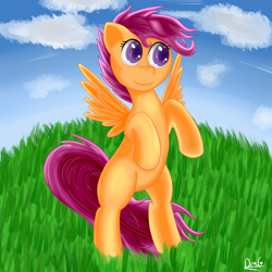 Size: 3000x3000 | Tagged: safe, artist:dragonfoorm, derpibooru import, scootaloo, pegasus, female, filly, high res, orange coat, purple mane, solo