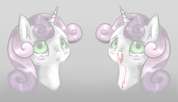 Size: 760x438 | Tagged: safe, artist:enigmaticalme, sweetie belle, blood, nosebleed, sad