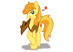 Size: 768x550 | Tagged: safe, artist:quilava-princess, derpibooru import, braeburn, apple, bedroom eyes, food, hat, heart, male, mouth hold, profile, solo