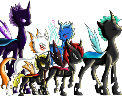 Size: 1007x794 | Tagged: safe, artist:mechafone, derpibooru import, oc, oc only, changeling, blue changeling, changeling oc, group, orange changeling, purple changeling, red changeling, white changeling, yellow changeling