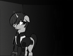 Size: 755x577 | Tagged: safe, artist:toasterrepairunit, derpibooru import, slendermane, oc, oc only, oc:littlepip, pony, unicorn, fallout equestria, ask-littlepip, black and white, clothes, fanfic, fanfic art, female, grayscale, magic, mare, monochrome, pipbuck, single pegasus project, slenderpony, solo, vault suit