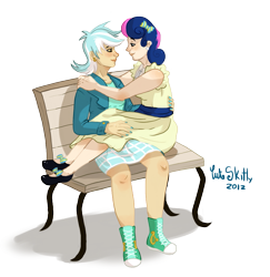 Size: 965x994 | Tagged: safe, artist:cuteskitty, derpibooru import, bon bon, lyra heartstrings, sweetie drops, bench, female, humanized, lap, lesbian, lyrabon, shipping, sitting