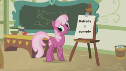 Size: 1280x720 | Tagged: safe, derpibooru import, cheerilee, cheerilee's clipboard meme, exploitable meme, meme, ponyville schoolhouse, solo