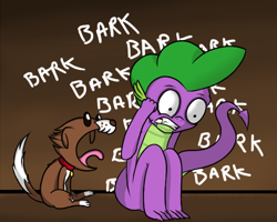 Size: 640x511 | Tagged: safe, artist:spikeandfriends, derpibooru import, spike, winona, dog, dragon, abuse, annoying, applejacks pet, barking, brown background, dark, dungeon, funny, gradient background, gritted teeth, insanity, male, open mouth, pain, pet, simple background, sitting, slave, spike and friends, spikeabuse, text, tongue out, wat, wide eyes