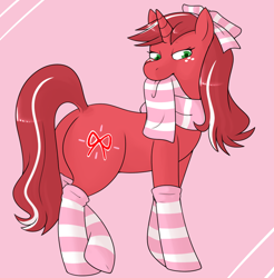 Size: 1006x1022 | Tagged: safe, artist:redintravenous, oc, oc only, oc:red ribbon, pony, unicorn, clothes, female, looking at you, plot, scarf, socks, solo, striped socks