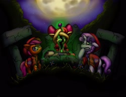 Size: 3299x2549 | Tagged: safe, artist:cazra, apple bloom, scootaloo, smarty pants, sweetie belle, cult, cultist, cutie mark crusaders, high res, moon, ritual, sacrifice, scared