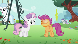 Size: 993x559 | Tagged: safe, artist:capnpea, derpibooru import, edit, scootaloo, sweetie belle, bowling ball, fimbriae, wat