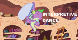 Size: 1572x804 | Tagged: safe, derpibooru import, edit, edited screencap, screencap, spike, dragon, the crystal empire, bag, book, caption, dancing, male, solo, text