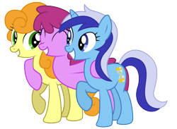 Size: 7500x5500 | Tagged: safe, artist:drfatalchunk, derpibooru import, berry punch, berryshine, carrot top, golden harvest, minuette, pony, absurd resolution, background pony, female, hug, simple background, smiling, transparent background, trio, trio female, vector