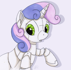 Size: 900x888 | Tagged: safe, artist:scarabdynasty1, derpibooru import, sweetie belle, sweetie bot, pony, robot, robot pony, unicorn, female, filly, foal, gray background, hooves, horn, open mouth, simple background, solo