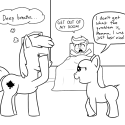 Size: 640x640 | Tagged: safe, artist:coolstorybrony, derpibooru import, scootaloo, oc, oc:summerset, bald, cancer (disease), chemotherapy, facehoof, hospital, maple leaf, monochrome, scootaleukemia, tumblr