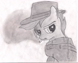 Size: 2112x1696 | Tagged: safe, artist:rayfriedh, derpibooru import, scootaloo, cigarette, clint eastwood, clothes, hat, monochrome, smokerloo, smoking, the good the bad and the ugly, the man with no name, traditional art, trenchcoat