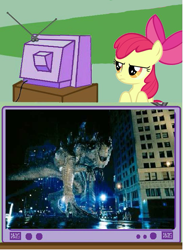 Size: 627x856 | Tagged: safe, derpibooru import, apple bloom, pony, angry, exploitable meme, godzilla (1998), godzilla (tristar), godzilla 1998, meme, tv meme