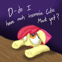 Size: 900x900 | Tagged: safe, artist:mj-mysteriousjeff, apple bloom, cute, insomnia, simple background, solo, text, tired