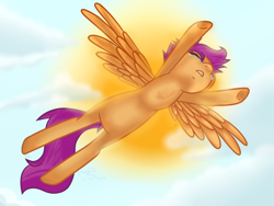 Size: 800x600 | Tagged: safe, artist:megalopolus, derpibooru import, scootaloo, crying, flying, scootaloo can fly