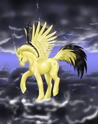 Size: 833x1059 | Tagged: safe, artist:just-plain-cat, derpibooru import, alicorn, pony, alicornified, curved horn, horn, pokémon, ponified, spread wings, wings, zapdos