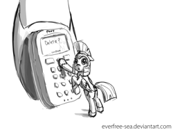 Size: 1000x747 | Tagged: safe, artist:fiddlearts, derpibooru import, oc, oc only, oc:arrowhead, ask four inept guardponies, grayscale, monochrome, phone, solo