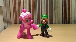 Size: 640x360 | Tagged: safe, artist:solrac31337, cheerilee, human, irl, luigi, photo, super mario bros., toy