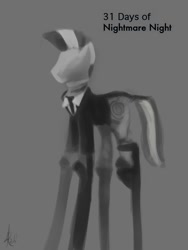 Size: 600x800 | Tagged: safe, derpibooru import, slendermane, zecora, zebra, 31 days of nightmare night, clothes, costume, gray background, grayscale, monochrome, nightmare night, no eyes, no face, simple background, slenderman, slenderpony, solo, stilts, suit