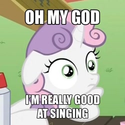 Size: 500x500 | Tagged: safe, derpibooru import, edit, edited screencap, screencap, sweetie belle, pony, unicorn, ponyville confidential, female, filly, horn, meme, solo, sudden clarity sweetie belle, text, two toned mane, white coat, wide eyes