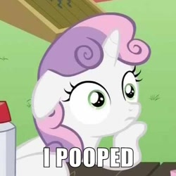 Size: 460x460 | Tagged: safe, derpibooru import, edit, edited screencap, screencap, sweetie belle, pony, unicorn, ponyville confidential, female, filly, horn, meme, solo, sudden clarity sweetie belle, sweetiepoo, text, two toned mane, white coat, wide eyes