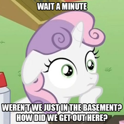 Size: 500x500 | Tagged: safe, derpibooru import, edit, edited screencap, screencap, sweetie belle, pony, unicorn, ponyville confidential, female, filly, horn, image macro, solo, sudden clarity sweetie belle, text, two toned mane, white coat, wide eyes