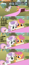 Size: 640x1440 | Tagged: safe, derpibooru import, edit, edited screencap, screencap, scootaloo, sweetie belle, the show stoppers, comic, duo, fabric, lyrics, meme, piano, screencap comic, the swan princess