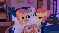 Size: 1344x756 | Tagged: safe, screencap, apple bloom, scootaloo, sweetie belle, stare master, cutie mark crusaders, implied foalcon, implied kissing, implied threesome, lidded eyes, youtube caption