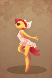 Size: 667x1000 | Tagged: dead source, safe, artist:cosmicunicorn, apple bloom, anthro, unguligrade anthro, anatomically incorrect, dancing, incorrect leg anatomy, solo, sunglasses