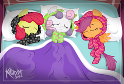 Size: 2500x1700 | Tagged: safe, artist:killryde, derpibooru import, apple bloom, scootaloo, sweetie belle, bed, blanket, clothes, cute, cutie mark crusaders, eyes closed, footed sleeper, on back, on side, pajamas, sleeping, smiling, spread wings, wingboner