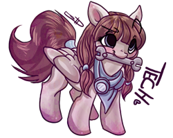 Size: 573x455 | Tagged: safe, artist:dollfins, derpibooru import, oc, oc only, oc:tech, pegasus, pony, clothes, female, goggles, mare, mouth hold, scarf, signature, simple background, solo, transparent background, wrench