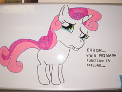 Size: 4000x3000 | Tagged: safe, artist:nyase, derpibooru import, sweetie belle, sweetie bot, pony, robot, robot pony, unicorn, annoy your co-worker, blank flank, female, filly, foal, hooves, horn, photo, solo, text, whiteboard