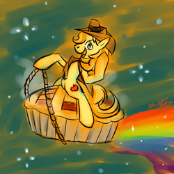 Size: 500x500 | Tagged: source needed, safe, artist:spiritfroc, braeburn, pie, rainbow, riding